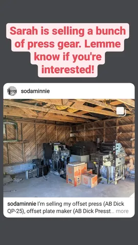 Sarah is selling a bunch of press gear. Lemme know if you're interested!