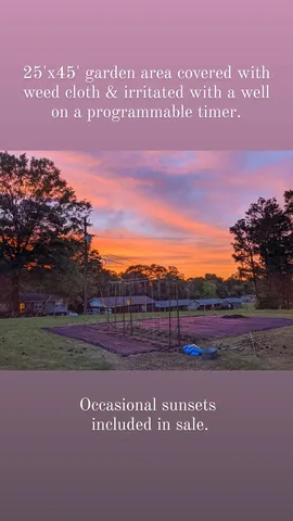 25'x45' garden area covered with weed cloth & irritated with a well on a programmable timer. Occasional sunsets
included in sale.