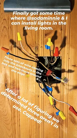 Finally got some time where @sodaminnie & I can install lights in the living room. Three sets of wire coming into the knockouts in the box and two more around the edge ๐ After a lot of figuring we determined three aren't in use. Capped!